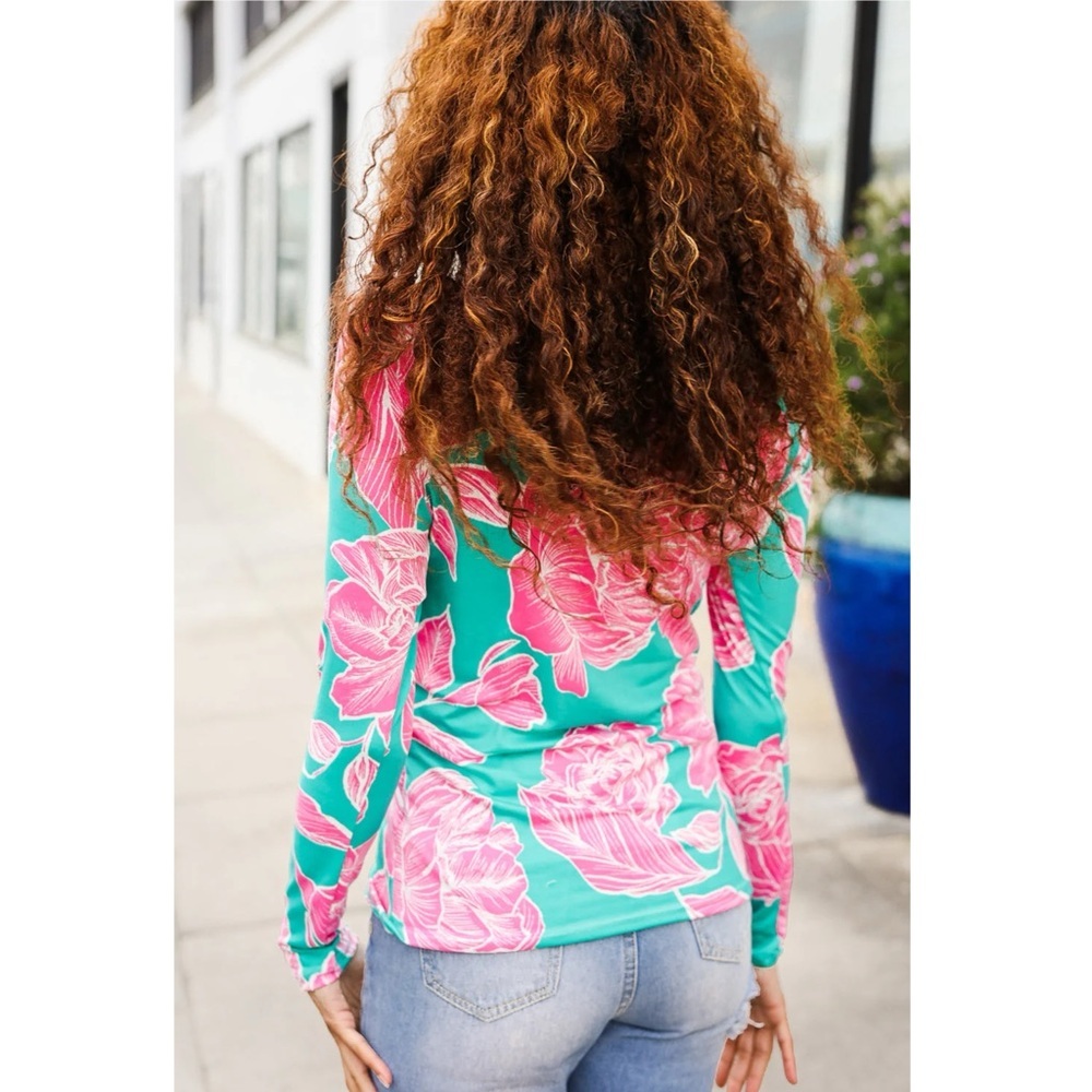 HAPTICS Preppy Love Aqua/Pink Fitted Floral Print Top Long Sleeve MEDIUM - Picture 4 of 4